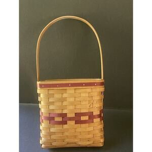 Bradford Handwoven 1998 Slat Basket Beige Red Handle Handcrafted Signed Woven